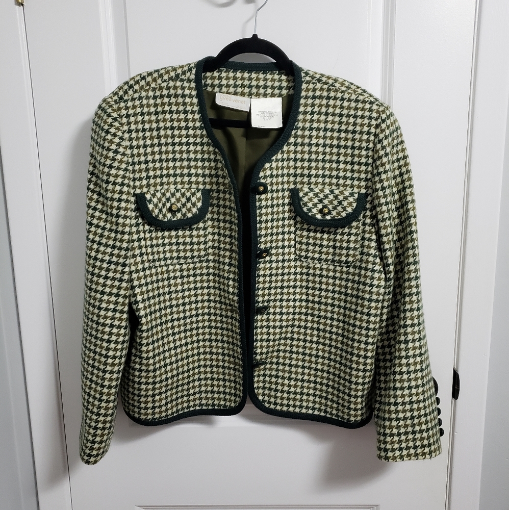 VINTAGE YVES VINET Green Houndstooth Wool Gold Lion Buttons Blazer - Picture 3 of 13